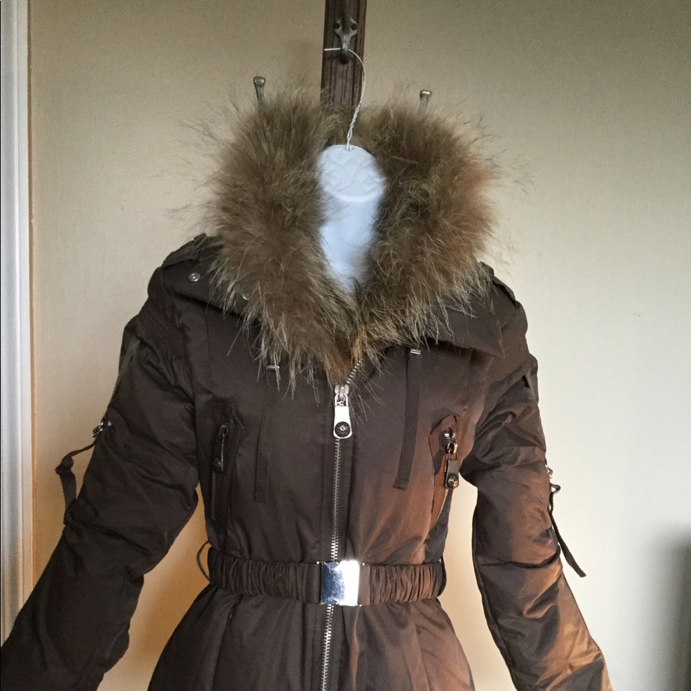 ROCK&REPUBLIC BROWN S HOOD DOWN SKI PUFFER COAT FU